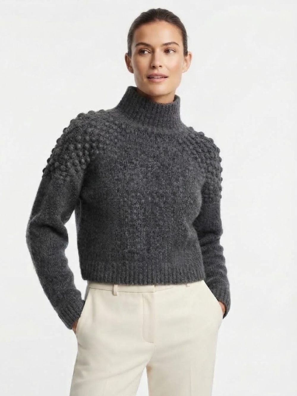 Free People Dark Gray Mock Neck Textured Bobble Crop Sweater Size S/p
